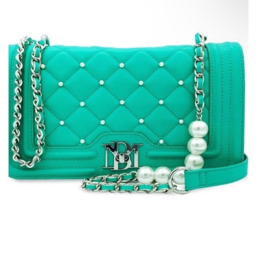 Badgley Mischka Green Quilted Pearl Letter Lock Crossbody Bag BM-4136 NEW - Picture 2 of 9